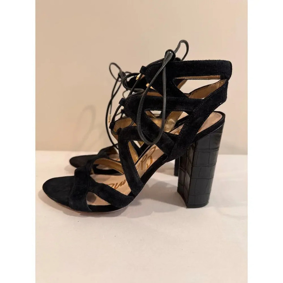 Sam Edelman Sandals Womens Sz 7.5 Black Suede Leather Strappy Ankle Wrap Heels - Picture 2 of 8